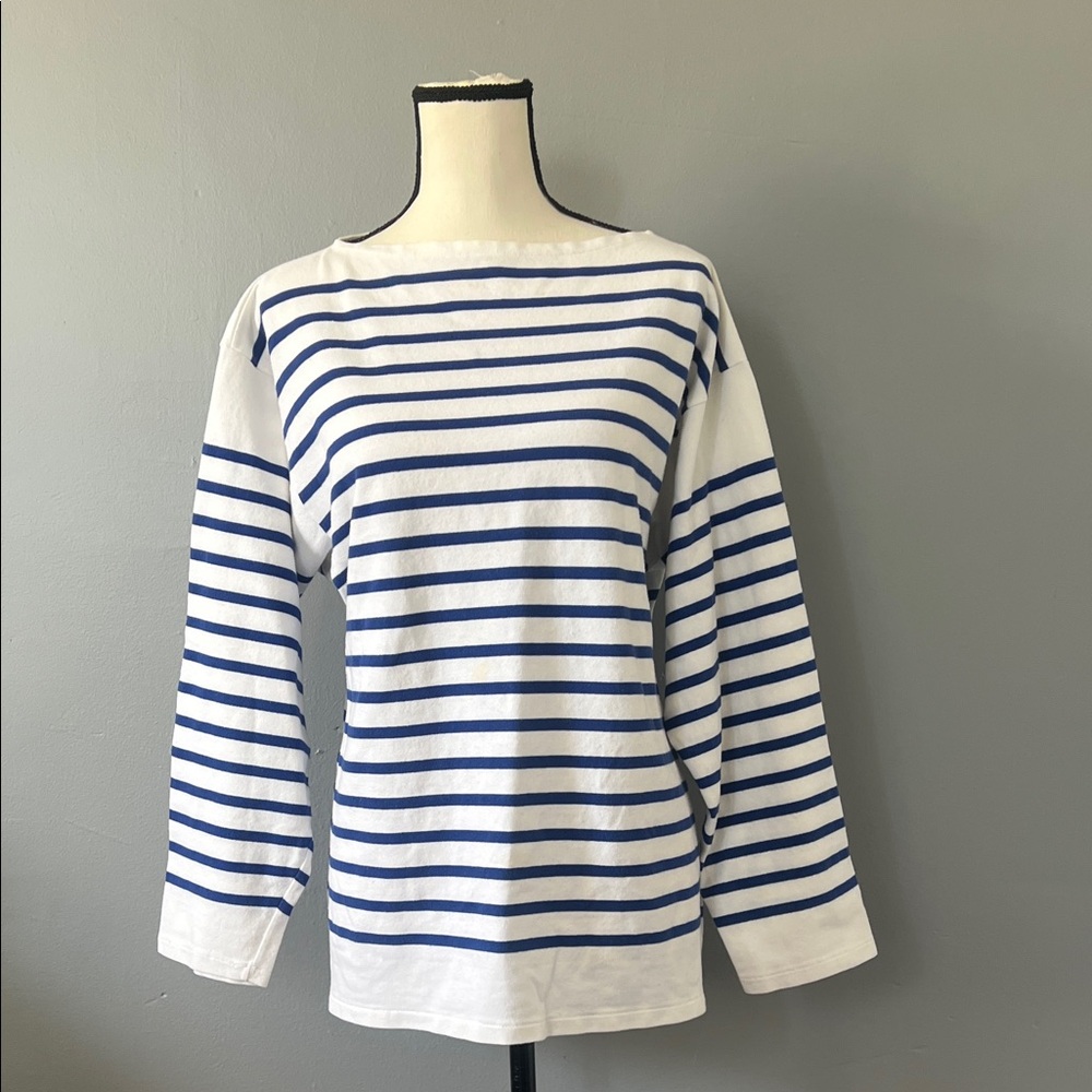 Striped Long-Sleeve Boatneck Tee in White & Blue